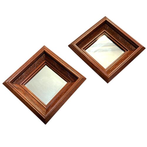 Wooden Framed Carved Sunken Wall Mirror Set of 2 Gallery Wall VTG Square Diamond