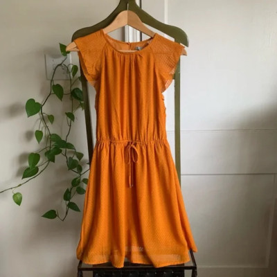H&M Women s Dress Size 0 Orange Fit & Flare Print Ruffle Sleeve Elastic Waist