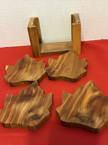 Maple Leaf Solid Wood Coaster Set 4 Handcrafted Leafs With Holder - Picture 2 of 7