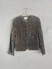 Silk Club Silk Blend Velvet Paisley Olive Green Black Button Down Jacket Size 8