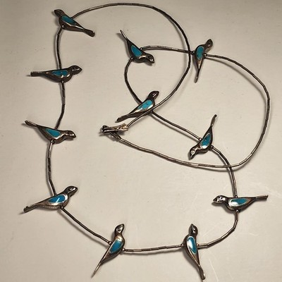 NATIVE AMERICAN STERLING SILVER BLUE BIRD TURQUOISE FETISH 28''  NECKLACE - 11 Pc
