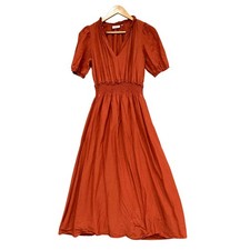 Jeanswest Dress Womens 8 Orange Fit & Flare Midi Puff Sleeve Smocked V Neck