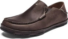 OLUKAI MOLOA MEN'S LEATHER SLIP WAXED NUBUCK LEATHER - DK WOOD/DK JAVA - 9