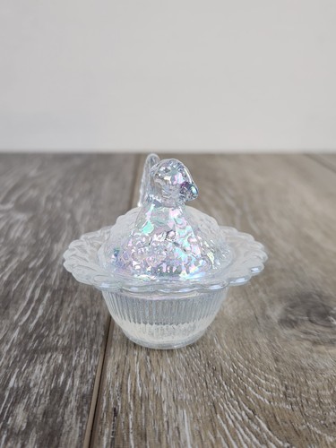 Crystal Carnival Glass Hen on Nest Salt Cellar - Ruffled Edge Glass Chicken 3" - Picture 2 of 8