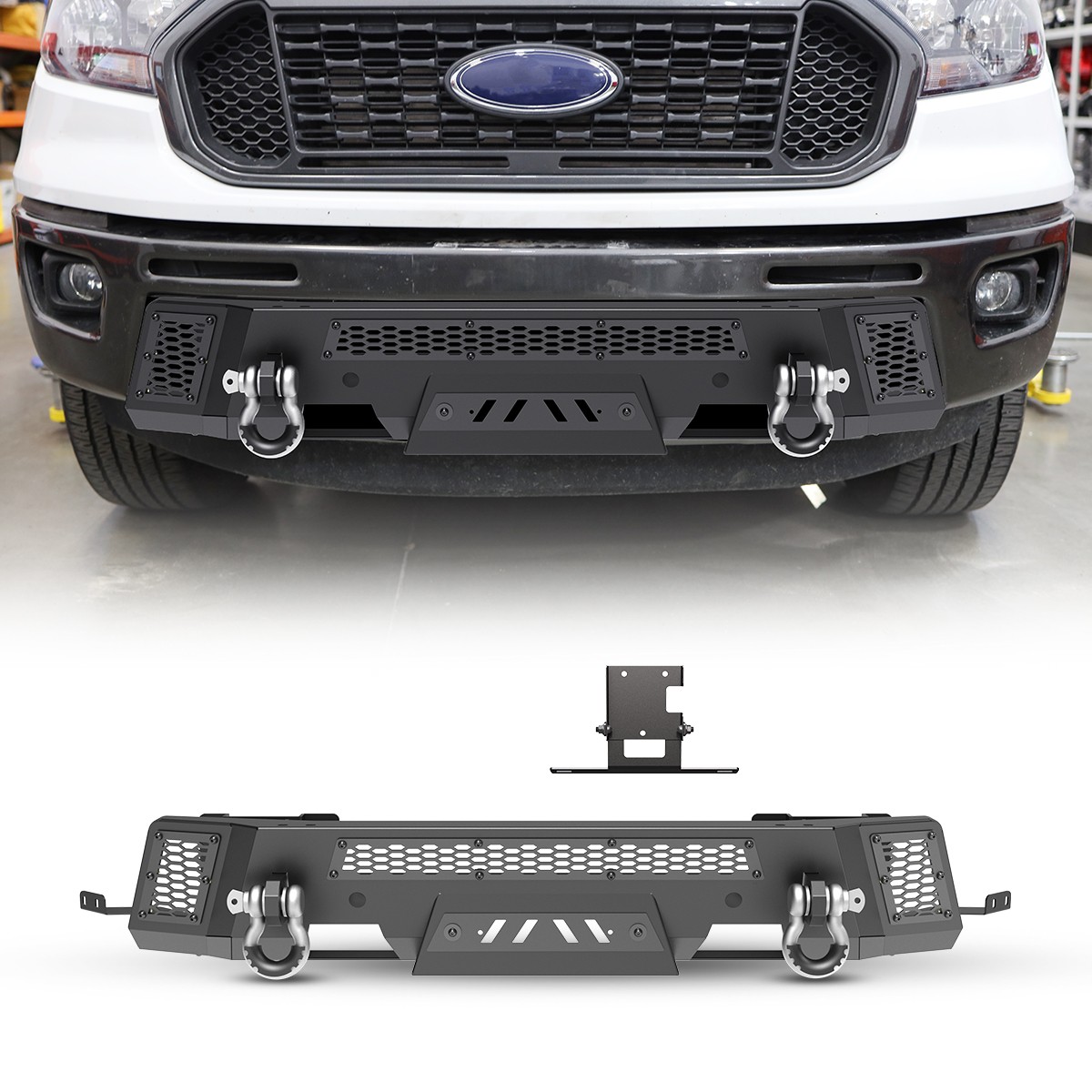 Black Steel Front Bumper For 2019-2023 Ford Ranger w/ACC Brackat +2*D-Rings 2IN1