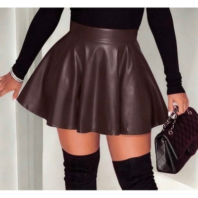 Chocolate Brown Faux Leather Skater Mini Skirt High Waisted Pleated Flare