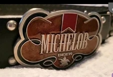 Vintage MICHELOB Anheuser-Busch Enamel BEER Buckle & Original Leather Belt