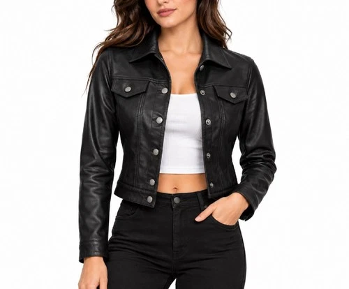 Women's Leather Biker Motorcycle Jacket Slim Fit Coat Blue/Black - product listing photo