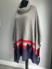 Seasalt Poncho Blustery Merino Wool Grey Blue Red One Size Cowl Neck Pockets VGC