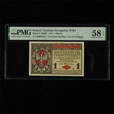 1917 Poland / German Occupation WWI 1 Marka Pick#8 PMG 58 EPQ Choice About UNC
