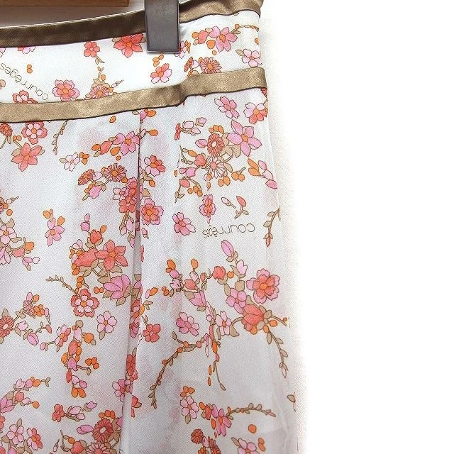 OFF WHITE Gonna svasata usata Courreges stampa floreale tuck lunghezza ginocchio chiffon 40 bianco sporco Wh
