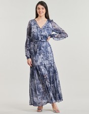 GUESS Breanna Tiered-Skirt Mix-Print Dress Women's S Bleu V-Neck Button Closure