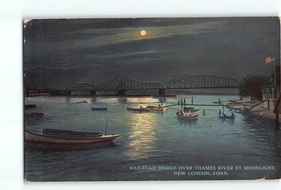New London CT Postcard Railroad Bridge Thames River Moonlight C.T. Photochrom