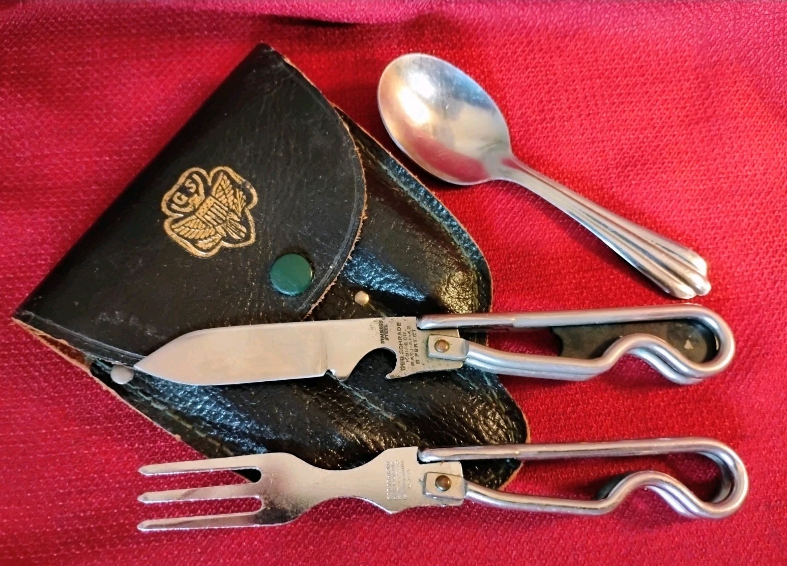 Vintage Girl Scout Geo Schrade USA knife fork Pat. 1942 set & spoon leather case