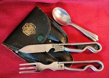 Vintage Girl Scout Geo Schrade USA knife fork Pat. 1942 set & spoon leather case