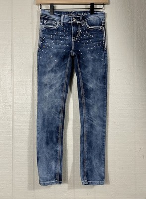 Revolution by Revolt Girls sz 10 Embellished Skinny Blue Jeans White Stitch