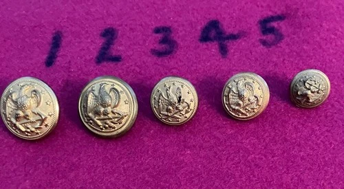Five (5) Navy Uniform Buttons; Eagle perched on Anchor w/13 Stars; Various Sizes