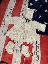 Vintage Newborn Crochet White Set, Baptism, Baby, Christening, Handmade, ribbon