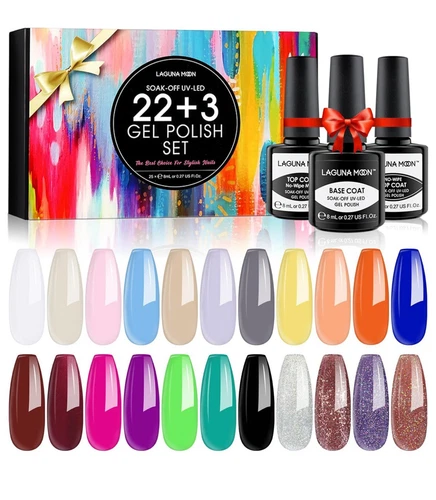 Lagunamoon 25pcs Gel Nail Polish Set Variety Rainbow Colours No Wipe Top Coat - Picture 1 of 14