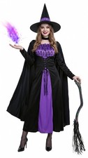Womens Witch Costume Dress with Hat, Gothic Halloween Outfit, L