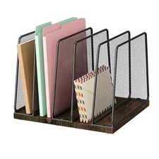 Desk File Organizer 5Section Vertical Mesh Metal Wood Desktop Folder Black