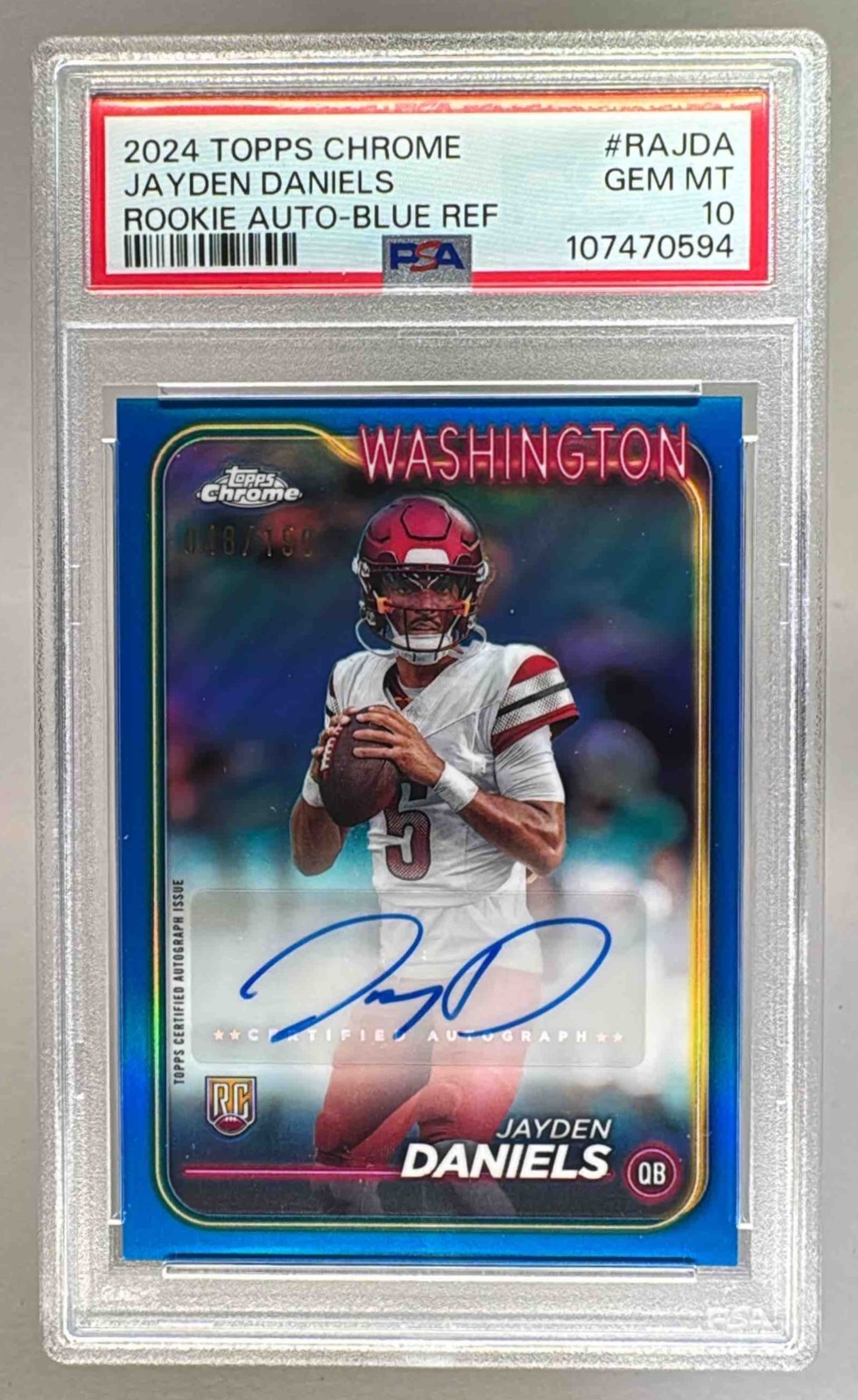 Jayden Daniels 2024 Topps Chrome #JDA Blue Refractor Rookie Auto RC /150 PSA 10