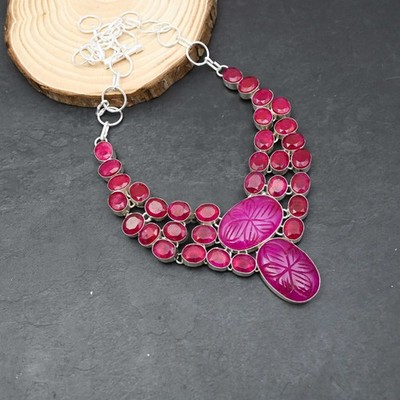 Kashmir Red Ruby Gemstone Handmade 925 Sterling Silver Jewelry Necklace 18''