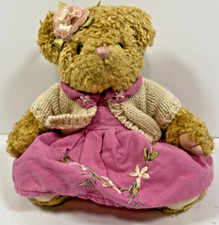 Russ Berrie Brown Bear Pink Dress Bow 8" Plush Stuffed Animal