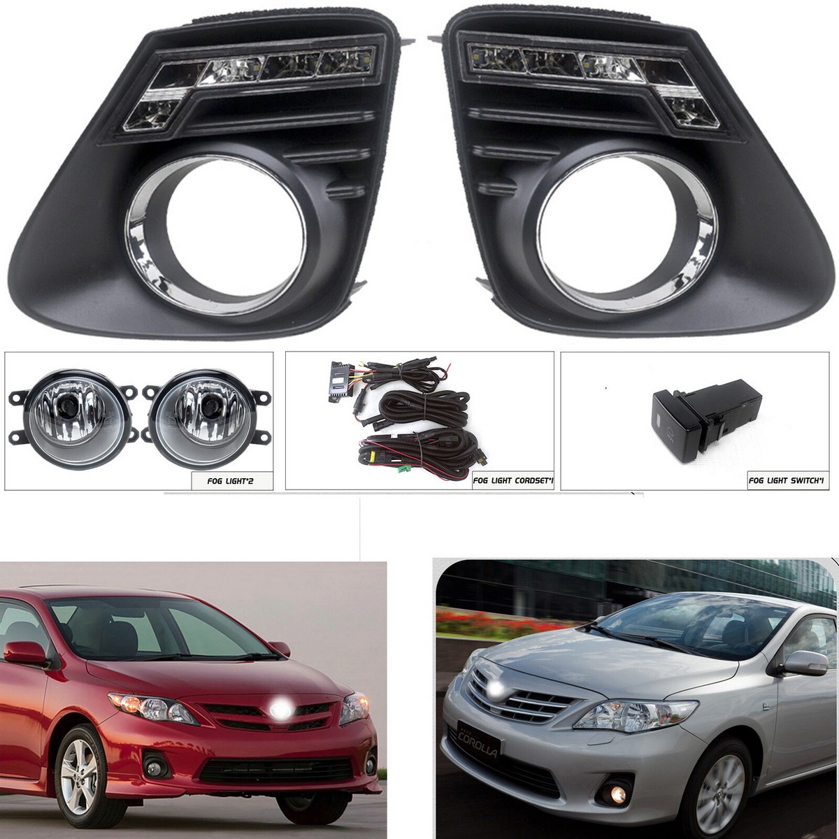 Asosi LED DRL Fog Lamp Cover With Daytime Running Light For Toyota Corolla Altis 2010-2013 – 6000K