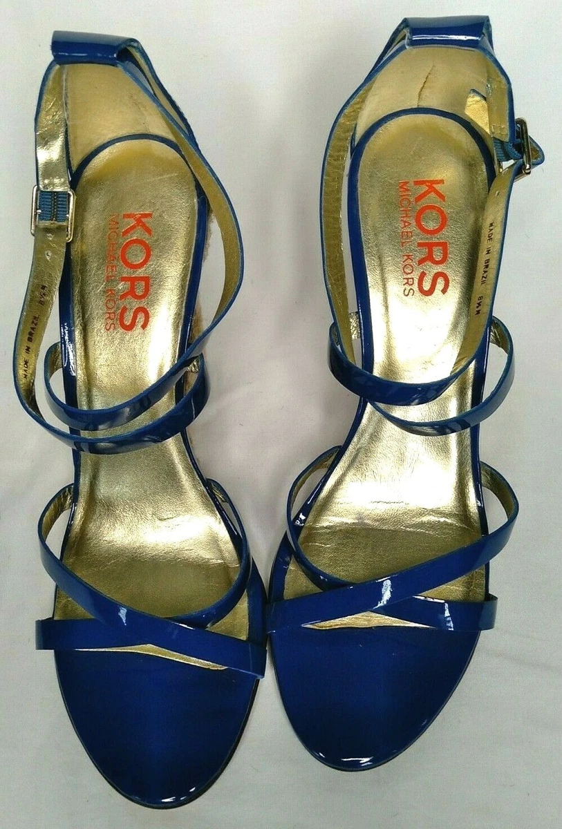 Michael Kors Blue Gold Leather Open Wedge Heels Size 8.5 M EUC