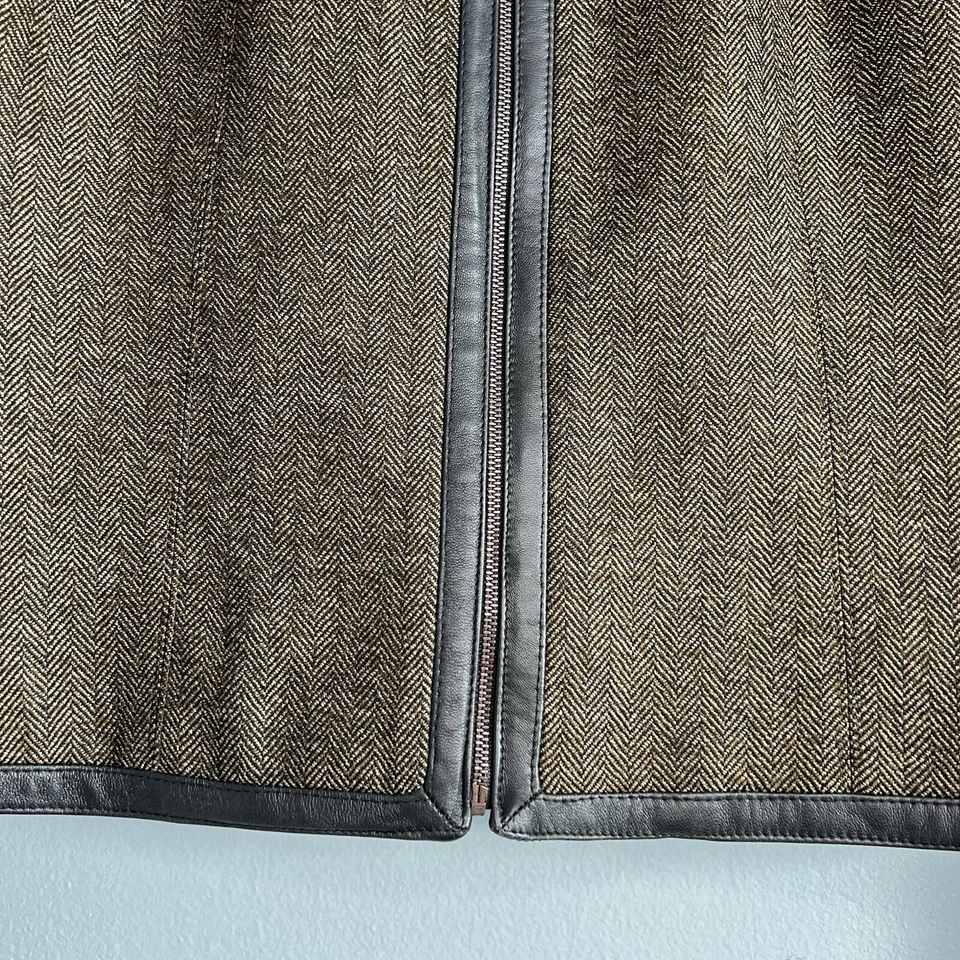 Chaqueta Blazer Lord & Taylor Mujer 100% Lana Con Borde de Cuero Cremallera Marrón Talla 8 Foto 2 de 4