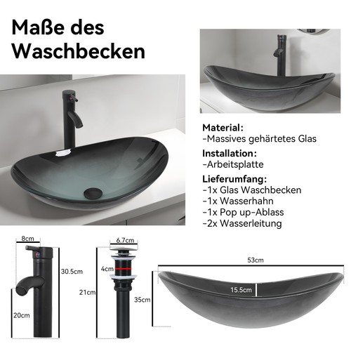 Waschbecken Glas Keramik Aufsatzwaschbecken Waschtisch Waschschale Wasserhahn - Bild 14 von 53