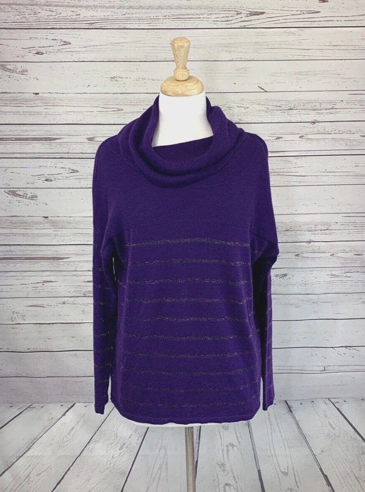 Coldwater Creek 紫色长袖圆领美利奴混纺条纹毛衣 L 码 — 第 3/4 张图片