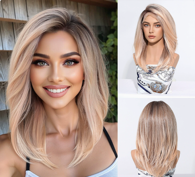 #ad Medium Bob Rooted Blonde Pink Mix Mono Lace Front Cap Synthetic Hair Wigs Women $65.19