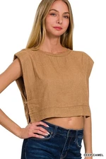 ZENANA Button Muscle Crop Top – Color: Deep Camel – Multiple Sizes