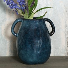 Blue Ceramic Vase with 2 Handles, Modern Farmhouse Decor, Rustic Terracotta P...