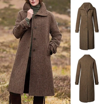 Damen Brauner Mantel Fischgräte Jacke Einreihig Tweed Lang Winter Business - Bild 1 von 4