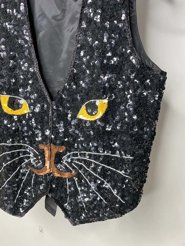 Chaleco de Colección Just Fabulous Lentejuelas Cara de Gato Novedad Negro Seda Para Mujer Mediano Gótico Foto 2 de 4