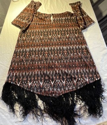 NY Collection Womens Blouse Top Small Brown Ikat Print Fringe Hen Scoop Neck
