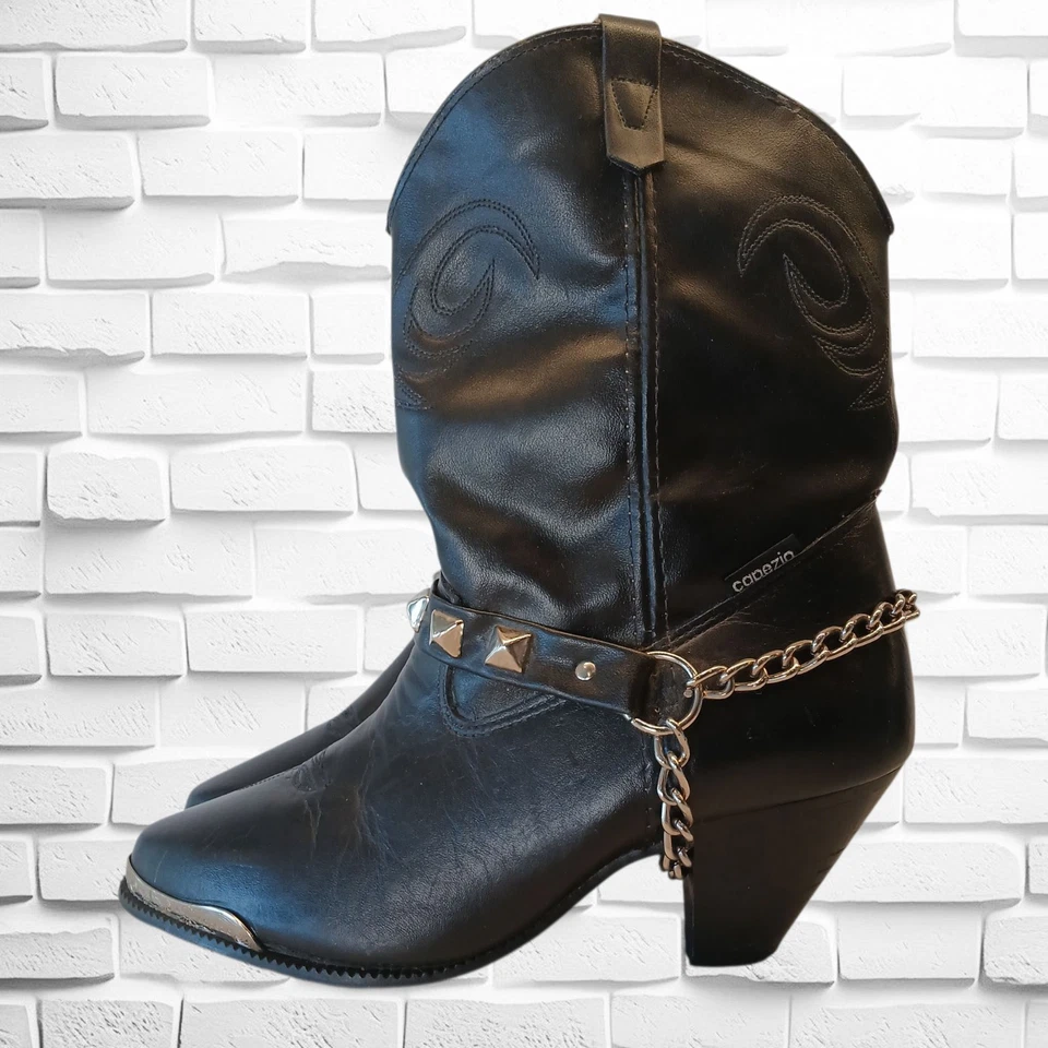 Capezio Sexy Biker Cowgirl Leather Boots, Size 8M, Mid-Calf, Metal Toe, Chain - Image 2 of 4