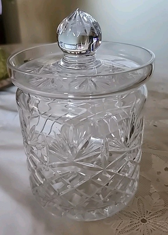 Hungary Crystal Jar Criss-Cross Pattern Mouth Blown Crystal Clear Industries 