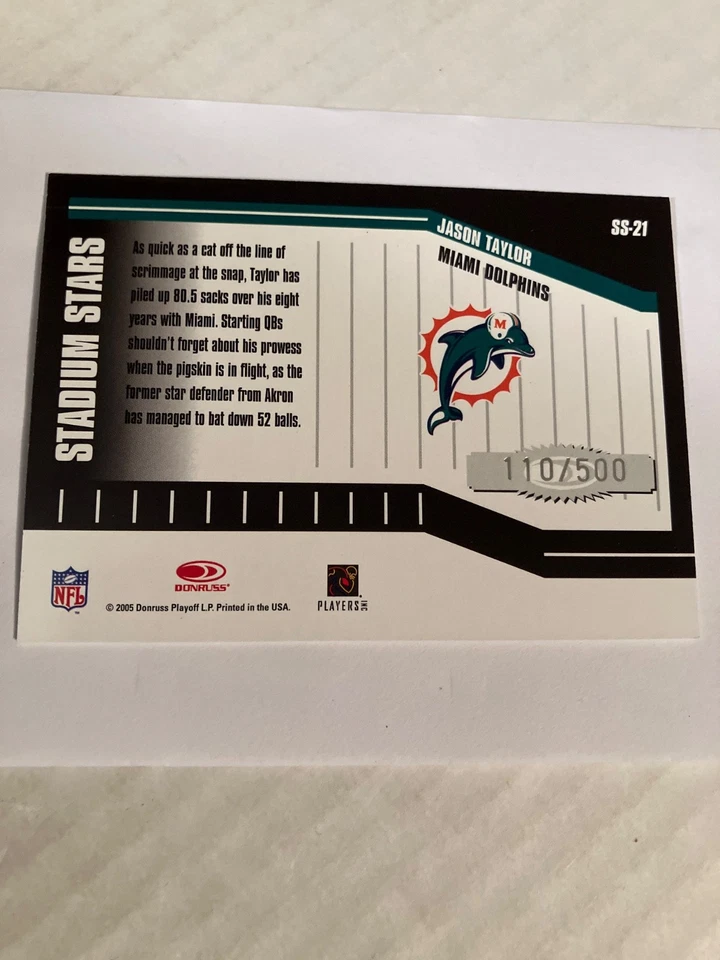 Miami Dolphins Jason Taylor 500 made 2005 stadium stars insert FB card see scans - Image 2 of 2