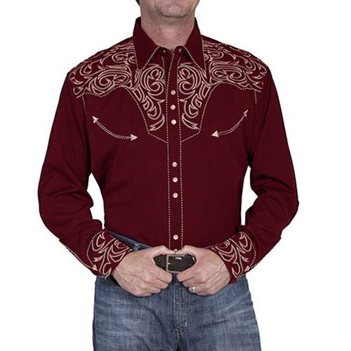 Retro Mens Western Cowboy Shirt Long Sleeve printed Casual Buttons Down Shirt - Picture 28 of 44