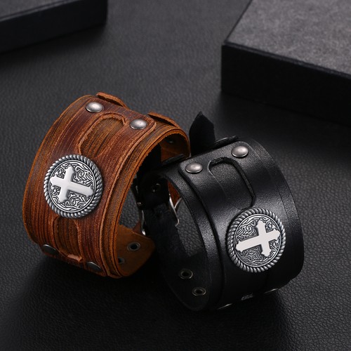 Punk Rock Wide Cuff Bracelet Motorbike Wide Belt Leather Wristband for Men Adj - Picture 68 of 89