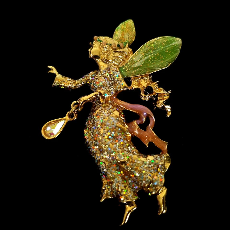 Kirks Folly Large Fairy Brooch Aurora Borealis Pave Rhinestone Charms Gold Tone