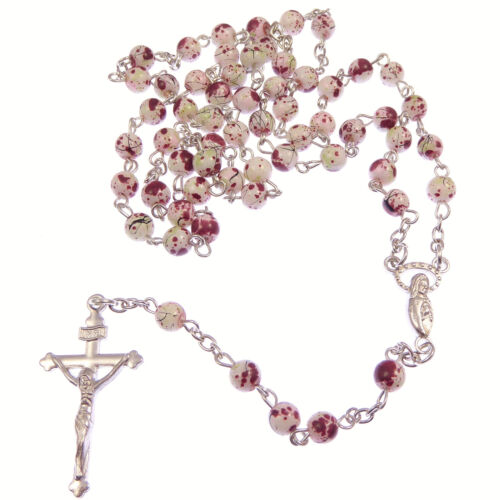 Collier rose blanc & rouge marbre rond perles chapelet sur chaîne argent 51cm longueur - Photo 1 sur 1
