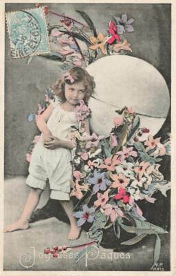 Vintage Girl Huge Exaggerate Egg Flowers Color Easter P64 B