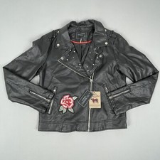 Ci Sono By Cavalini Vegan Leather Moto Jacket Women's Black Size Xl Studs Roses