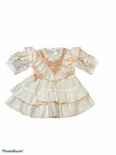Vtg Girls White Pink Party Ruffle Dress Lace Ribbon Nylon 2T 1980s 80s Gold