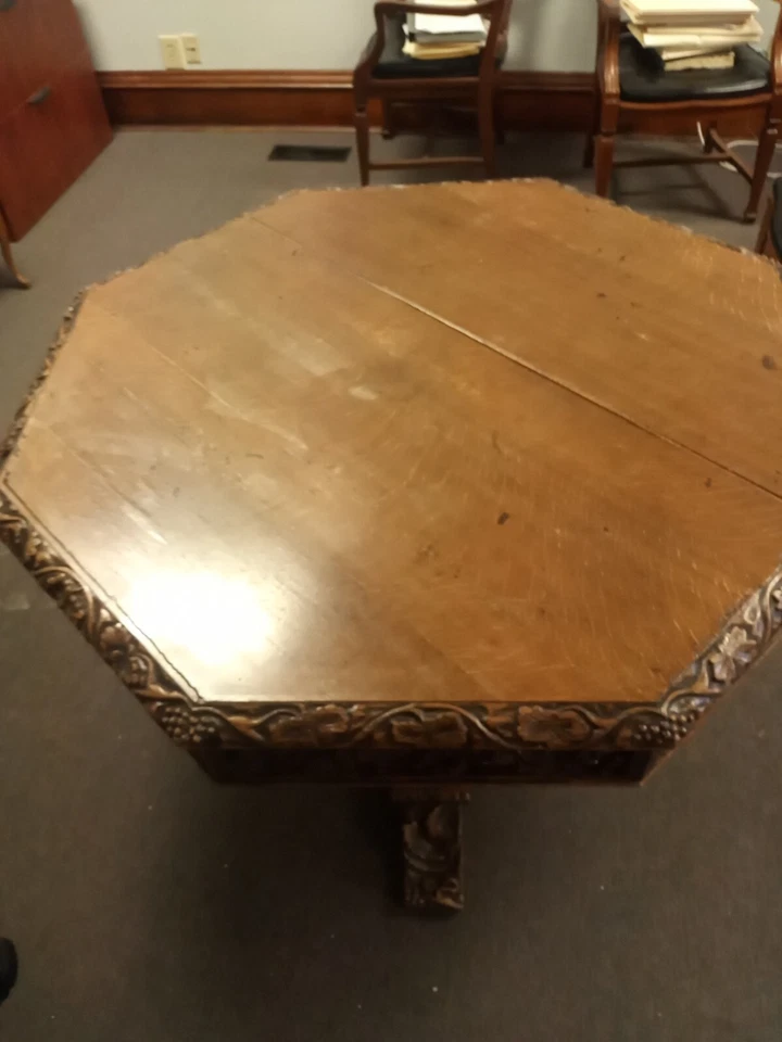 Antique Hand Art Nouveau 19th C Renaissance Gothic Table Carved Octagon 8 Side - Image 2 of 4